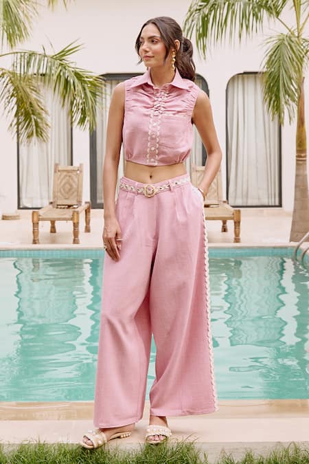 House Of Fett Pink Linen Co-ord Pant Set 