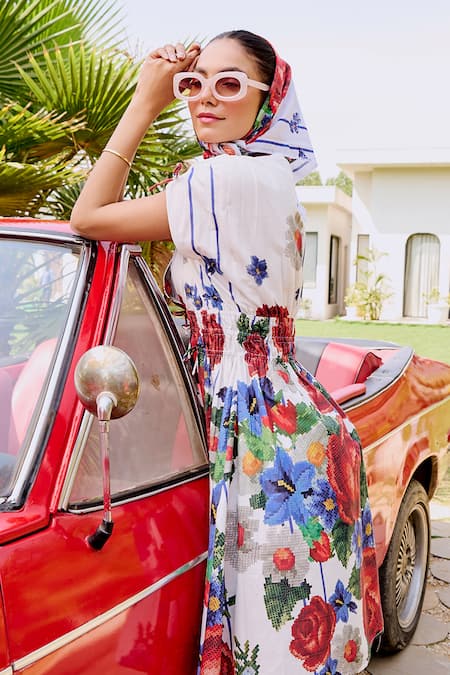 House Of Fett_White Cotton Embroidery V-neck Varenna Cross Stitch Dress_Online_at_Aza_Fashions