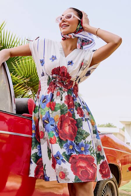 Buy_House Of Fett_White Cotton Embroidery V-neck Varenna Cross Stitch Dress_Online_at_Aza_Fashions