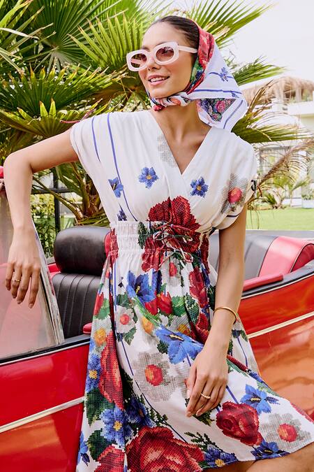 Shop_House Of Fett_White Cotton Embroidery V-neck Varenna Cross Stitch Dress_Online_at_Aza_Fashions