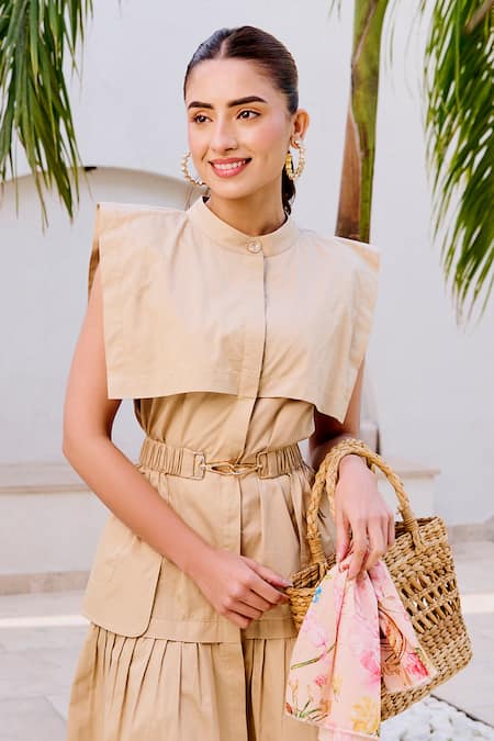 House Of Fett_Beige Cotton Collared Twill Verona Dress _Online_at_Aza_Fashions