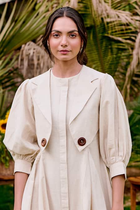 House Of Fett_White Round Neck Zen Cowl Dress_Online_at_Aza_Fashions