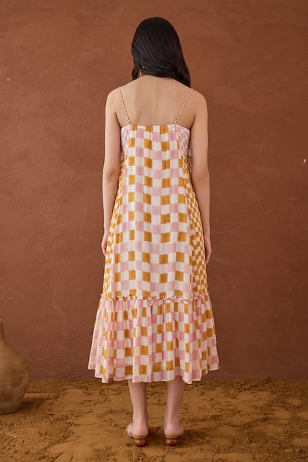 Shop Taro Multi Color Cotton Ruffles Racerback Block Printed Summer Strokes Dress at Aza Fashions Shop_Taro_Multi Color Cotton Ruffles Racerback Block Printed Summer Strokes Dress _at_Aza_Fashions