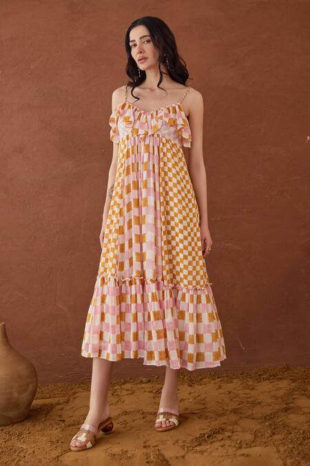 Buy Taro Multi Color Cotton Ruffles Racerback Block Printed Summer Strokes Dress Online at Aza Fashions Buy_Taro_Multi Color Cotton Ruffles Racerback Block Printed Summer Strokes Dress _Online_at_Aza_Fashions