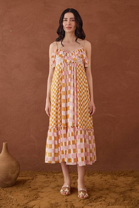 Shop Taro Multi Color Cotton Ruffles Racerback Block Printed Summer Strokes Dress Online at Aza Fashions Shop_Taro_Multi Color Cotton Ruffles Racerback Block Printed Summer Strokes Dress _Online_at_Aza_Fashions