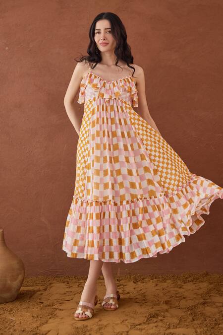 Taro Multi Color Cotton Ruffles Racerback Block Printed Summer Strokes Dress at Aza Fashions Taro_Multi Color Cotton Ruffles Racerback Block Printed Summer Strokes Dress _at_Aza_Fashions