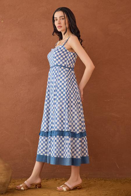 Buy_Taro_Blue Cotton Square Neck Gingham Sky Dress _Online_at_Aza_Fashions
