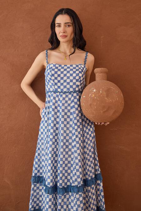 Shop_Taro_Blue Cotton Square Neck Gingham Sky Dress _Online_at_Aza_Fashions