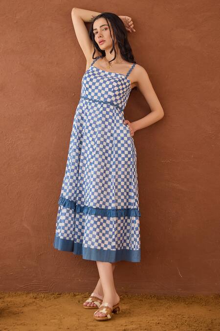 Taro_Blue Cotton Square Neck Gingham Sky Dress _at_Aza_Fashions