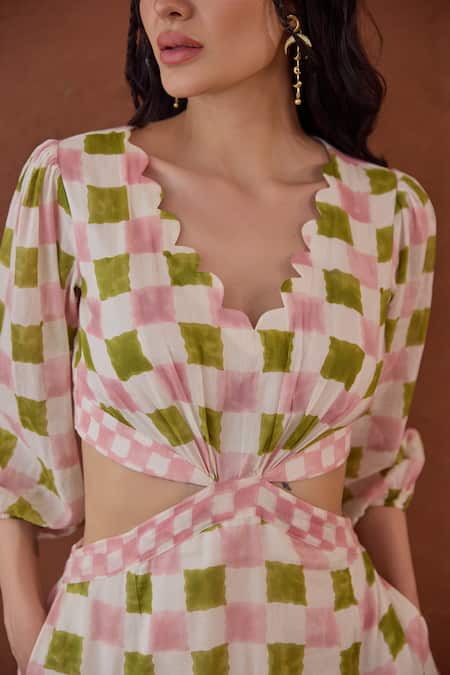 Taro_Multi Color Cotton Scoop Neck Gardenia Gingham Dress _Online_at_Aza_Fashions