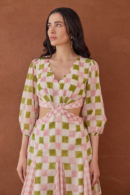 Buy_Taro_Multi Color Cotton Scoop Neck Gardenia Gingham Dress _Online_at_Aza_Fashions