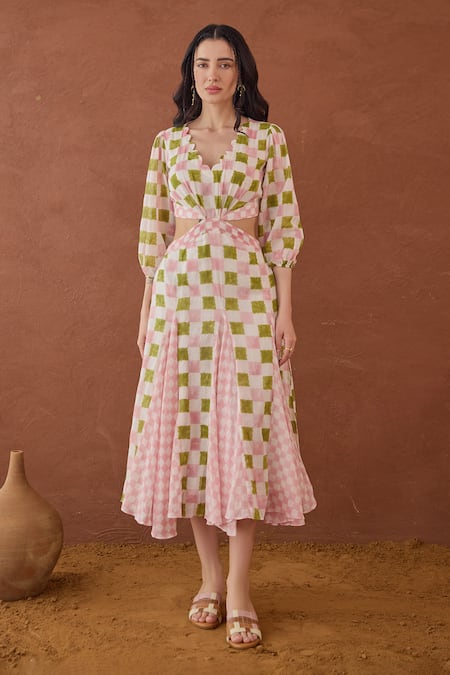 Shop_Taro_Multi Color Cotton Scoop Neck Gardenia Gingham Dress _Online_at_Aza_Fashions