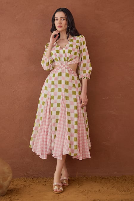 Taro Multi Color Cotton Scoop Neck Gardenia Gingham Dress