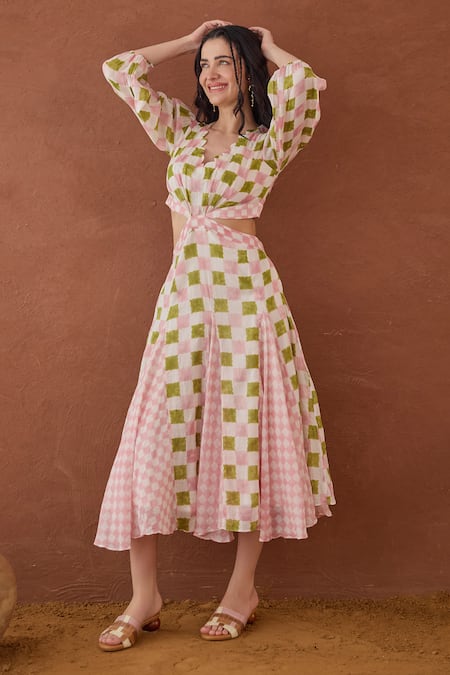 Taro_Multi Color Cotton Scoop Neck Gardenia Gingham Dress _at_Aza_Fashions