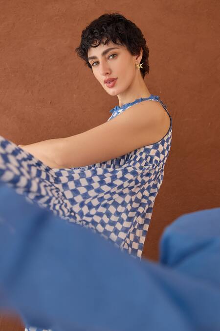 Taro Blue Cotton Round Neck Block Printed And White Dress Online at Aza Fashions Taro_Blue Cotton Round Neck Block Printed And White Dress _Online_at_Aza_Fashions