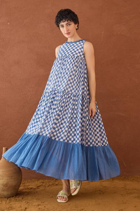 Buy Taro Blue Cotton Round Neck Block Printed And White Dress Online at Aza Fashions Buy_Taro_Blue Cotton Round Neck Block Printed And White Dress _Online_at_Aza_Fashions