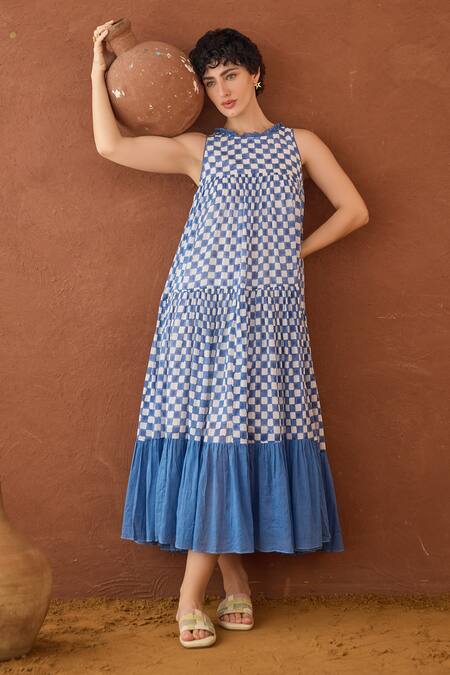 Shop Taro Blue Cotton Round Neck Block Printed And White Dress Online at Aza Fashions Shop_Taro_Blue Cotton Round Neck Block Printed And White Dress _Online_at_Aza_Fashions