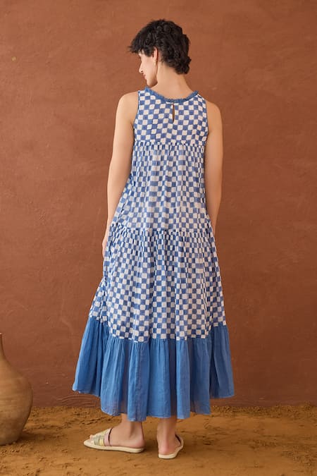 Shop Taro Blue Cotton Round Neck Block Printed And White Dress at Aza Fashions Shop_Taro_Blue Cotton Round Neck Block Printed And White Dress _at_Aza_Fashions