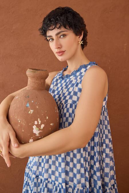 Taro Blue Cotton Round Neck Block Printed And White Dress at Aza Fashions Taro_Blue Cotton Round Neck Block Printed And White Dress _at_Aza_Fashions