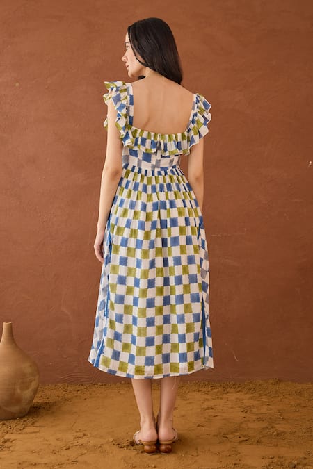 Shop Taro Multi Color Cotton Square Neck Sky Sketch Block Printed Dress at Aza Fashions Shop_Taro_Multi Color Cotton Square Neck Sky Sketch Block Printed Dress _at_Aza_Fashions