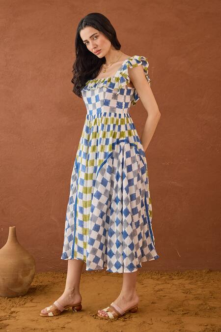 Taro Multi Color Cotton Square Neck Sky Sketch Block Printed Dress Online at Aza Fashions Taro_Multi Color Cotton Square Neck Sky Sketch Block Printed Dress _Online_at_Aza_Fashions