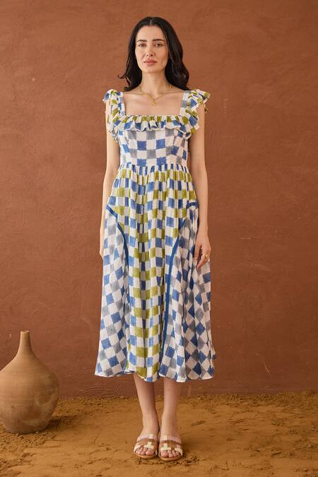 Buy Taro Multi Color Cotton Square Neck Sky Sketch Block Printed Dress Online at Aza Fashions Buy_Taro_Multi Color Cotton Square Neck Sky Sketch Block Printed Dress _Online_at_Aza_Fashions