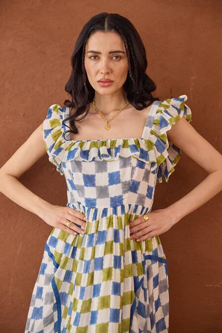 Shop Taro Multi Color Cotton Square Neck Sky Sketch Block Printed Dress Online at Aza Fashions Shop_Taro_Multi Color Cotton Square Neck Sky Sketch Block Printed Dress _Online_at_Aza_Fashions