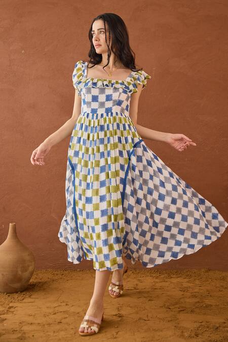 Taro Multi Color Cotton Square Neck Sky Sketch Block Printed Dress at Aza Fashions Taro_Multi Color Cotton Square Neck Sky Sketch Block Printed Dress _at_Aza_Fashions