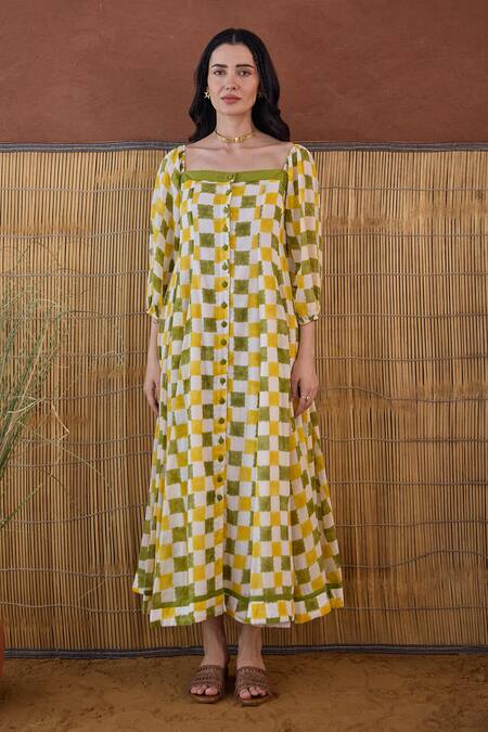Taro Multi Color Cotton Square Neck Lemon Zest Block Printed Dress Online at Aza Fashions Taro_Multi Color Cotton Square Neck Lemon Zest Block Printed Dress _Online_at_Aza_Fashions