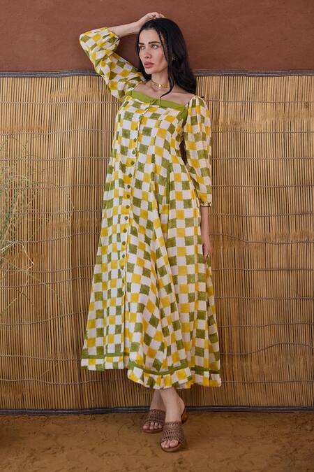 Buy Taro Multi Color Cotton Square Neck Lemon Zest Block Printed Dress Online at Aza Fashions Buy_Taro_Multi Color Cotton Square Neck Lemon Zest Block Printed Dress _Online_at_Aza_Fashions