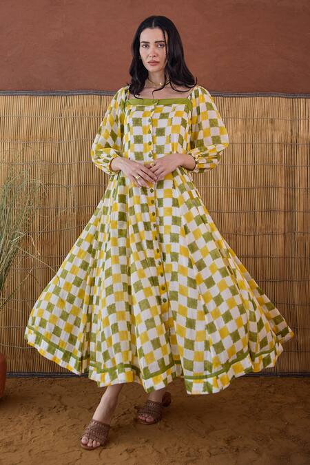 Shop Taro Multi Color Cotton Square Neck Lemon Zest Block Printed Dress Online at Aza Fashions Shop_Taro_Multi Color Cotton Square Neck Lemon Zest Block Printed Dress _Online_at_Aza_Fashions