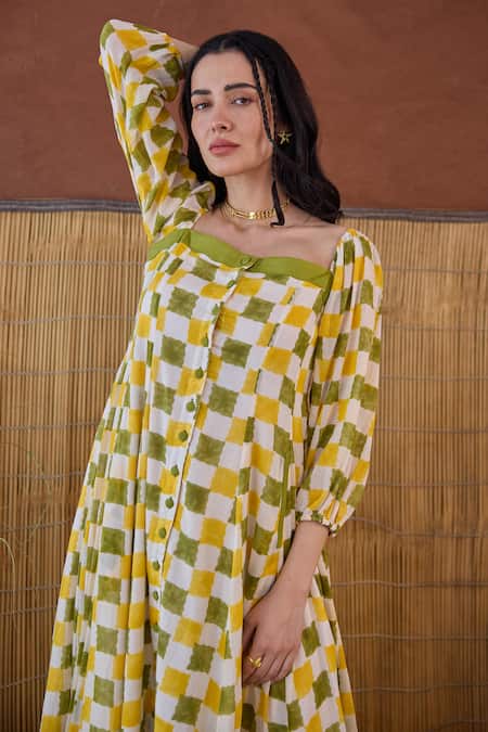 Taro Multi Color Cotton Square Neck Lemon Zest Block Printed Dress at Aza Fashions Taro_Multi Color Cotton Square Neck Lemon Zest Block Printed Dress _at_Aza_Fashions
