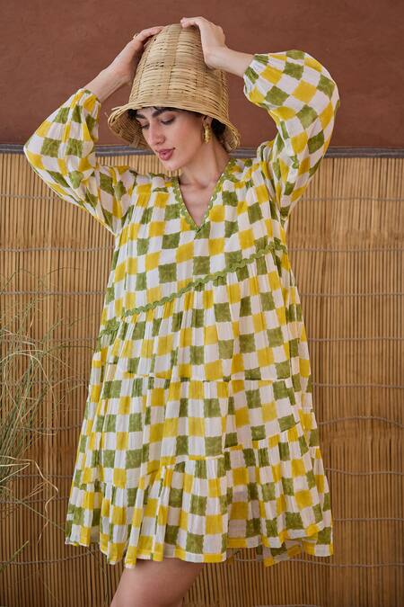 Taro Multi Color Cotton V-neck Multicolor Block Printed Dress Online at Aza Fashions Taro_Multi Color Cotton V-neck Multicolor Block Printed Dress _Online_at_Aza_Fashions