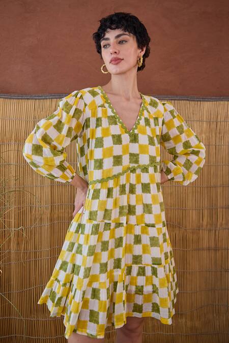 Buy Taro Multi Color Cotton V-neck Multicolor Block Printed Dress Online at Aza Fashions Buy_Taro_Multi Color Cotton V-neck Multicolor Block Printed Dress _Online_at_Aza_Fashions