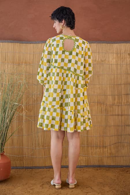 Shop Taro Multi Color Cotton V-neck Multicolor Block Printed Dress at Aza Fashions Shop_Taro_Multi Color Cotton V-neck Multicolor Block Printed Dress _at_Aza_Fashions