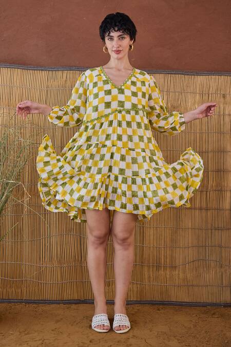 Shop Taro Multi Color Cotton V-neck Multicolor Block Printed Dress Online at Aza Fashions Shop_Taro_Multi Color Cotton V-neck Multicolor Block Printed Dress _Online_at_Aza_Fashions