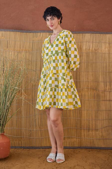 Taro Multi Color Cotton V-neck Multicolor Block Printed Dress at Aza Fashions Taro_Multi Color Cotton V-neck Multicolor Block Printed Dress _at_Aza_Fashions