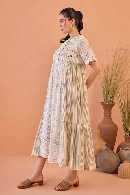 Taro White Cotton Round Neck Mossy Mist Confetti Dot Dress Online at Aza Fashions Taro_White Cotton Round Neck Mossy Mist Confetti Dot Dress _Online_at_Aza_Fashions