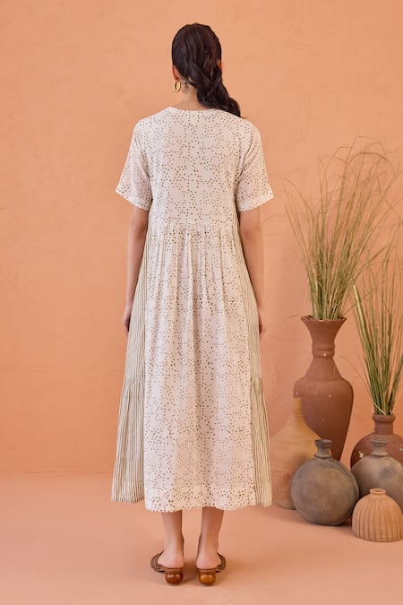 Shop Taro White Cotton Round Neck Mossy Mist Confetti Dot Dress at Aza Fashions Shop_Taro_White Cotton Round Neck Mossy Mist Confetti Dot Dress _at_Aza_Fashions