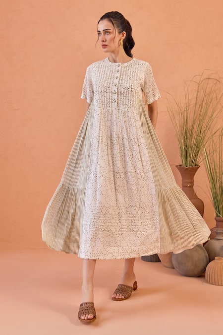 Taro White Cotton Round Neck Mossy Mist Confetti Dot Dress