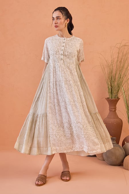 Shop Taro White Cotton Round Neck Mossy Mist Confetti Dot Dress Online at Aza Fashions Shop_Taro_White Cotton Round Neck Mossy Mist Confetti Dot Dress _Online_at_Aza_Fashions