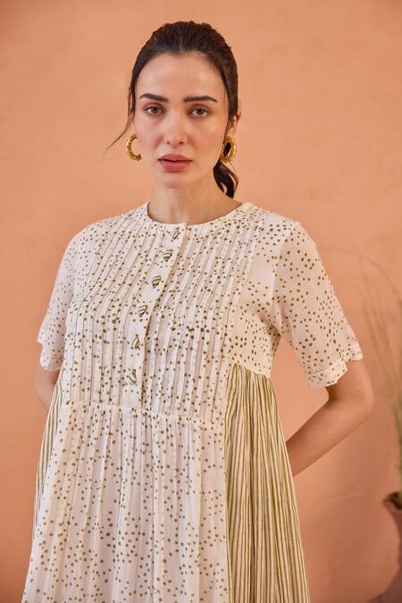 Taro White Cotton Round Neck Mossy Mist Confetti Dot Dress at Aza Fashions Taro_White Cotton Round Neck Mossy Mist Confetti Dot Dress _at_Aza_Fashions