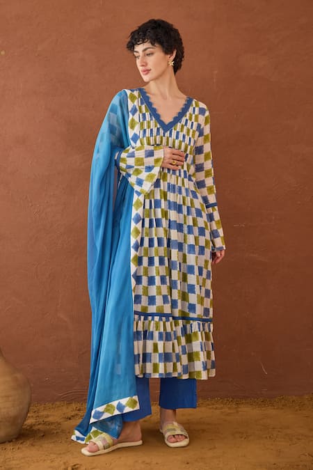 Taro Multi Color Cotton V-neck Cloudburst Plaid Kurta Set 