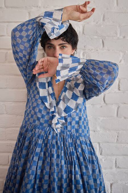 Taro Multi Color Cotton V-neck Block Printed Azure Tides Dress Online at Aza Fashions Taro_Multi Color Cotton V-neck Block Printed Azure Tides Dress _Online_at_Aza_Fashions