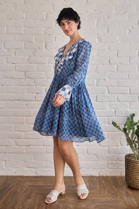 Shop Taro Multi Color Cotton V-neck Block Printed Azure Tides Dress Online at Aza Fashions Shop_Taro_Multi Color Cotton V-neck Block Printed Azure Tides Dress _Online_at_Aza_Fashions