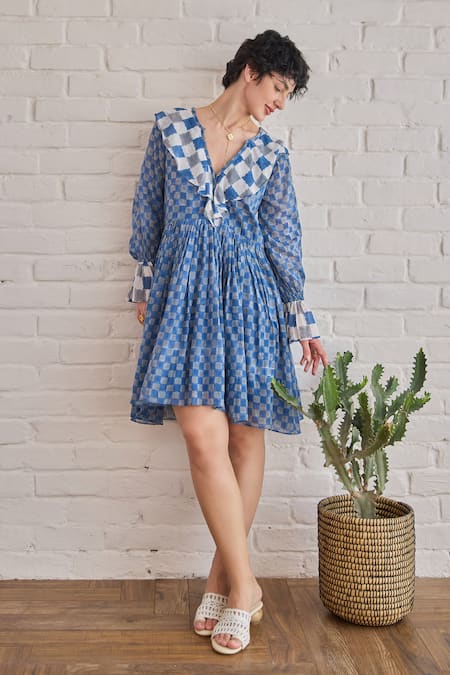 Taro Multi Color Cotton V-neck Block Printed Azure Tides Dress