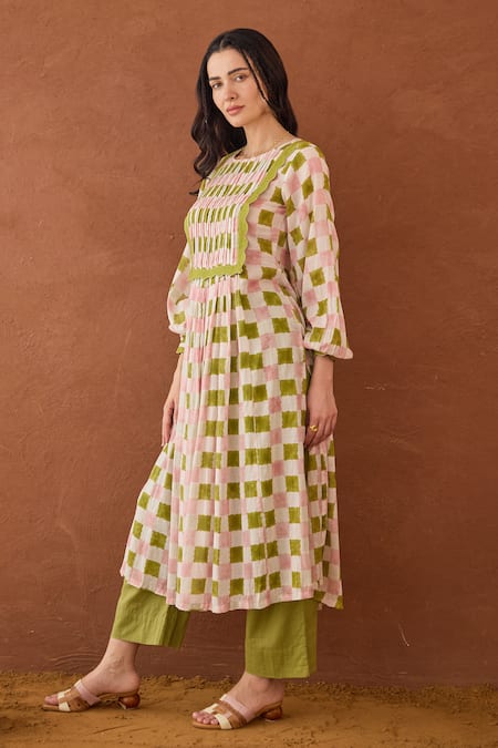 Buy Taro Multi Color Cotton Embroidery Round Neck Rosewood Plaid Kurta Set Online at Aza Fashions Buy_Taro_Multi Color Cotton Embroidery Round Neck Rosewood Plaid Kurta Set _Online_at_Aza_Fashions