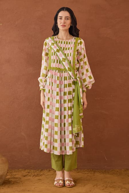 Shop Taro Multi Color Cotton Embroidery Round Neck Rosewood Plaid Kurta Set Online at Aza Fashions Shop_Taro_Multi Color Cotton Embroidery Round Neck Rosewood Plaid Kurta Set _Online_at_Aza_Fashions