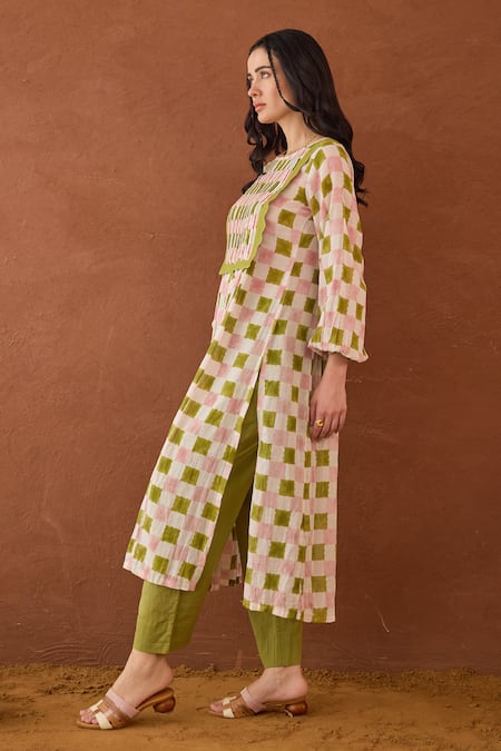 Taro Multi Color Cotton Embroidery Round Neck Rosewood Plaid Kurta Set at Aza Fashions Taro_Multi Color Cotton Embroidery Round Neck Rosewood Plaid Kurta Set _at_Aza_Fashions