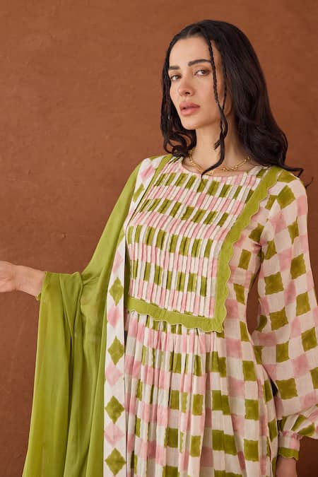 Buy Taro Multi Color Cotton Embroidery Round Neck Rosewood Plaid Kurta Set Buy_Taro_Multi Color Cotton Embroidery Round Neck Rosewood Plaid Kurta Set